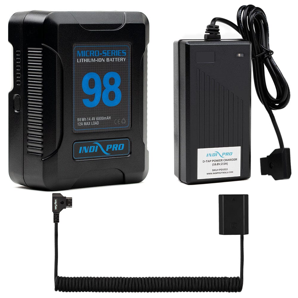 Indipro Micro Series 98Wh V-Mount Battery, Charger & Braided Coiled D-Tap to Sony NP-FZ100 Battery Bundle