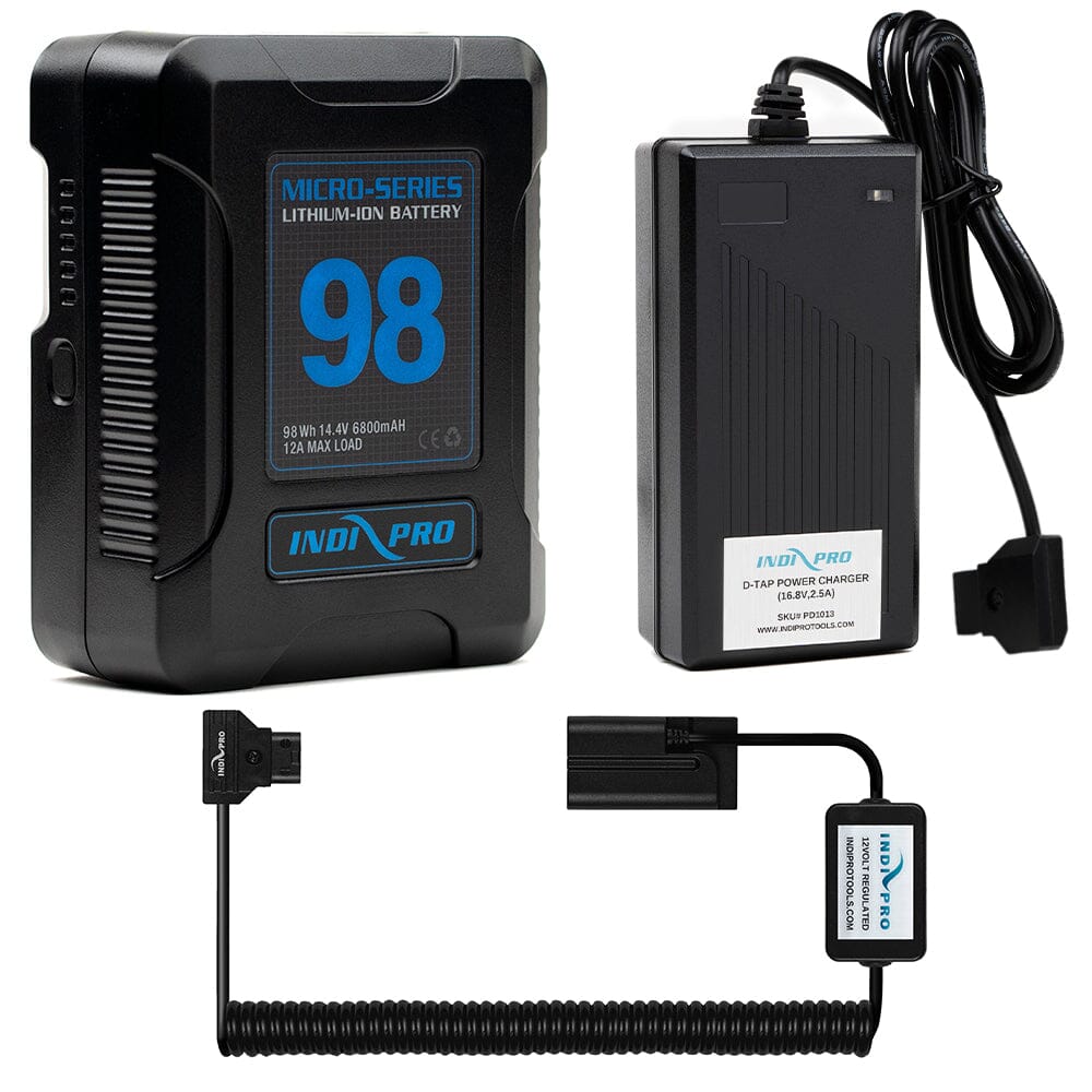 Indipro Micro Series 98Wh V-Mount Battery, Charger & Coiled D-Tap to Sony NP-F Battery Bundle