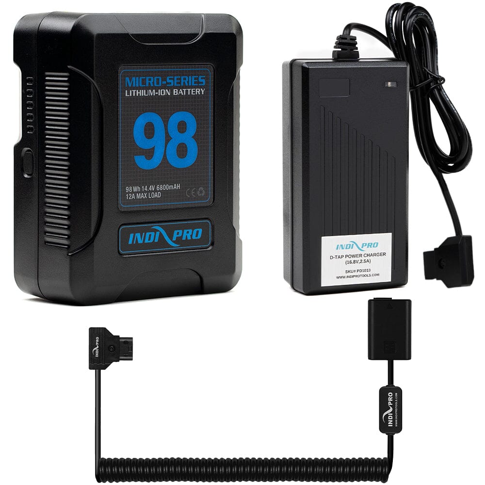 Indipro Micro Series 98Wh V-Mount Battery, Charger & Coiled D-Tap to Sony NP-FW50 Battery Bundle