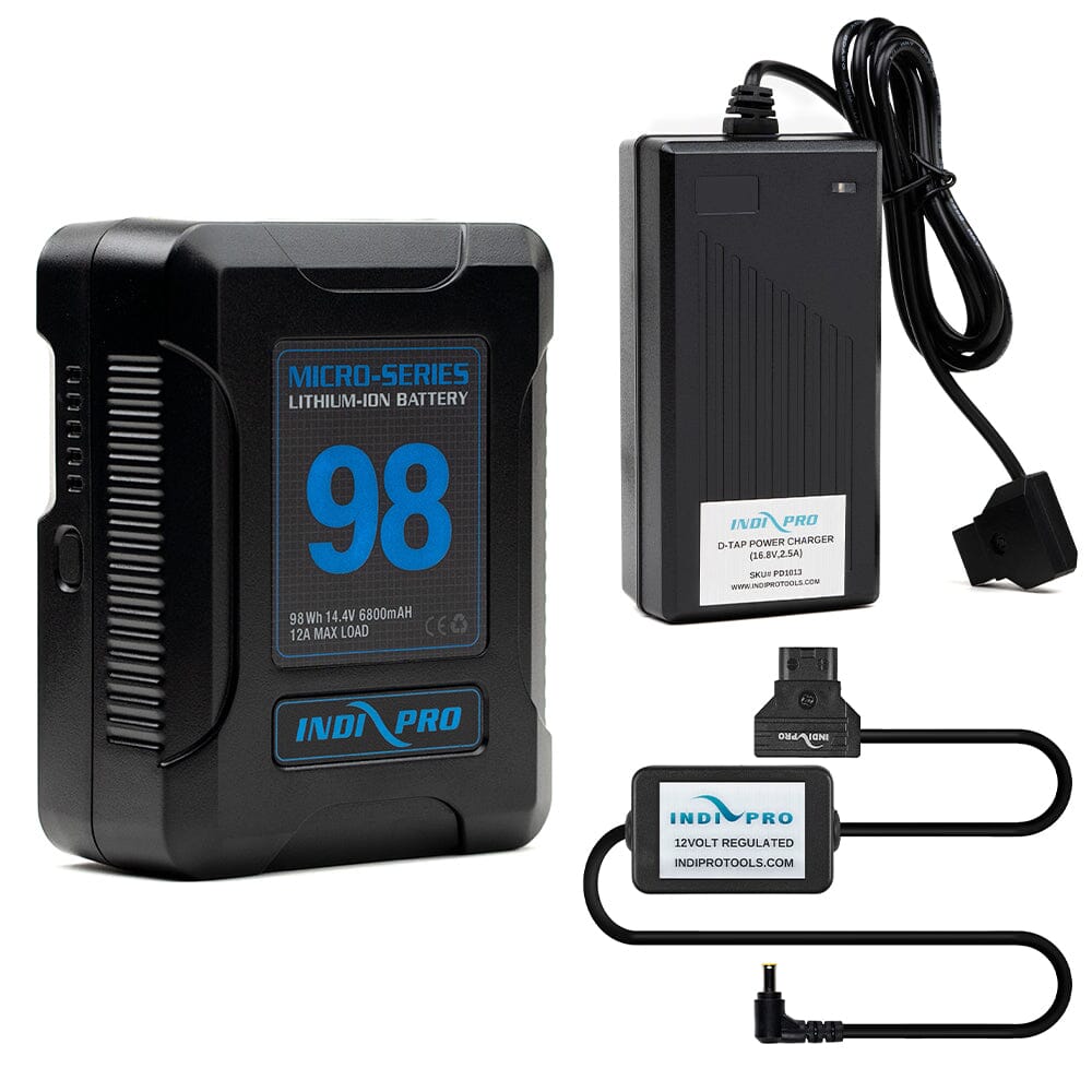 Indipro Micro Series 98Wh V-Mount Battery, Charger & D-Tap for Canon COMPACT-SERVO Lenses Bundle