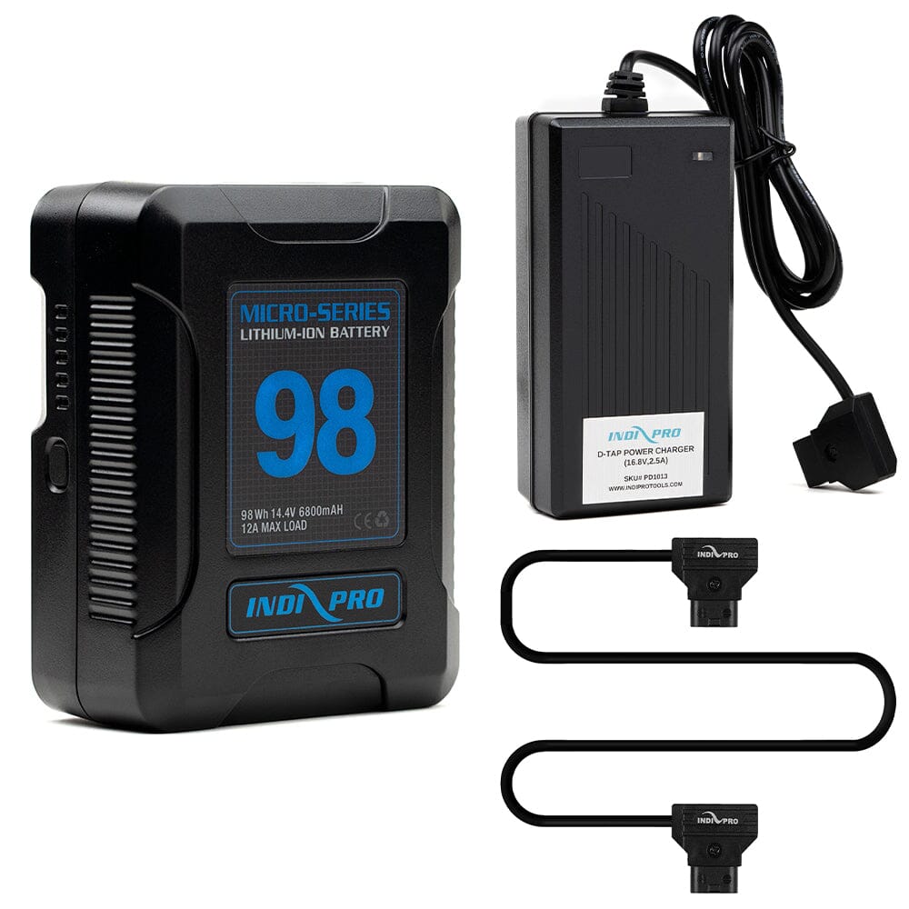 Indipro Micro Series 98Wh V-Mount Battery, Charger & D-Tap Male to D-Tap Male Cable Bundle