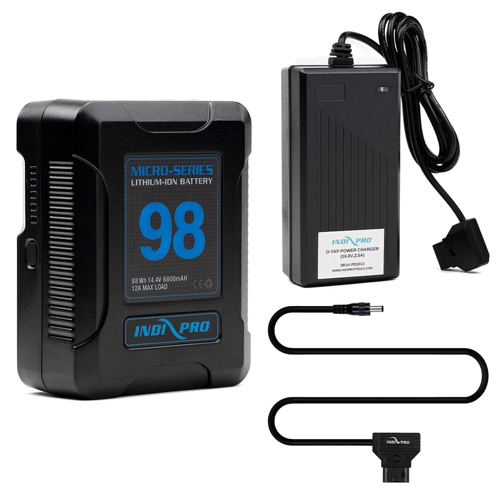 Indipro Micro Series 98Wh V-Mount Battery, Charger & D-Tap to 2.5mm Connector Bundle