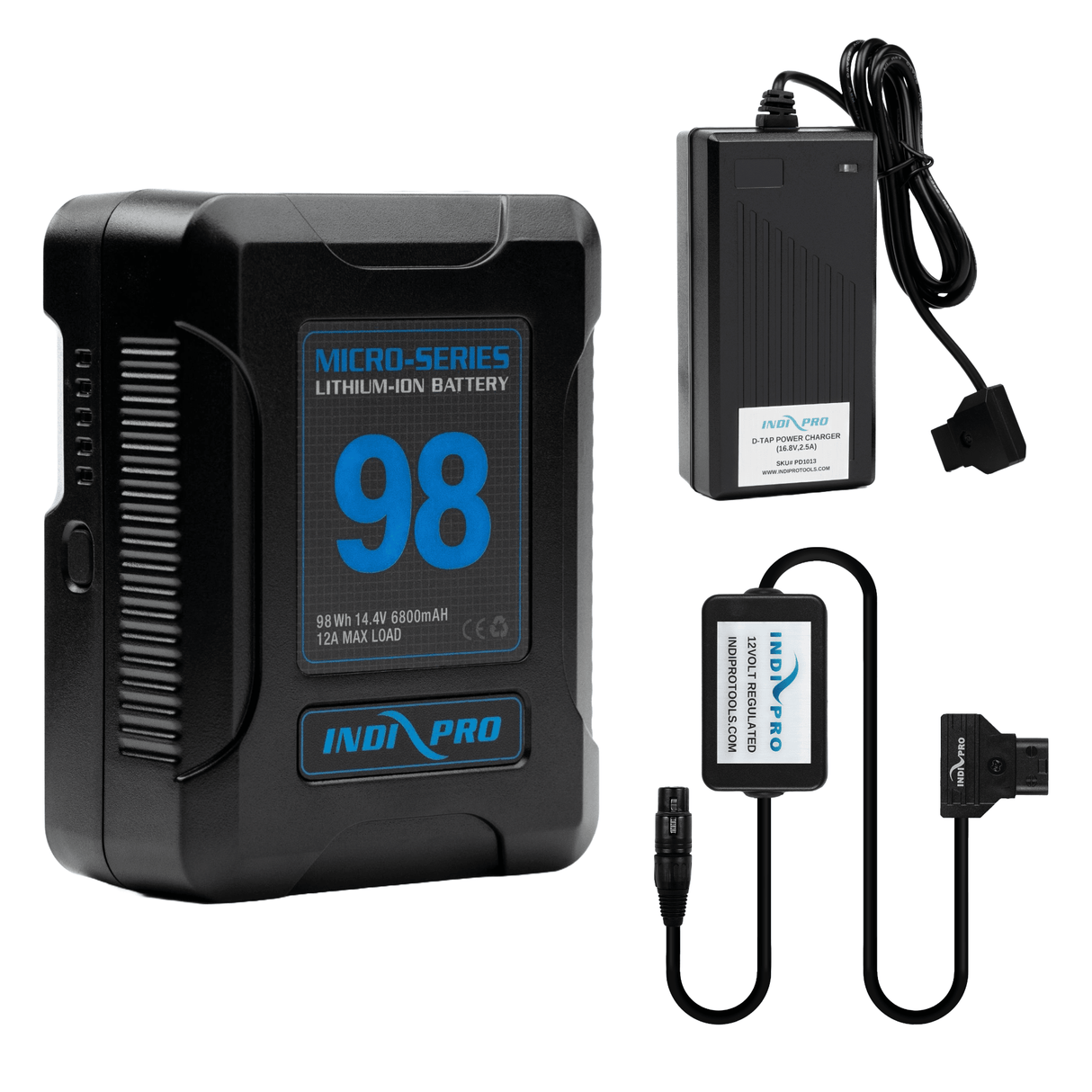 Indipro Micro Series 98Wh V-Mount Battery, Charger & D-Tap to 4-Pin XLR Connector (12V Regulated) Bundle