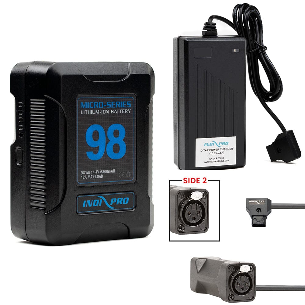 Indipro Micro Series 98Wh V-Mount Battery, Charger & D-Tap to Dual 3-Pin Female XLR Connectors Bundle