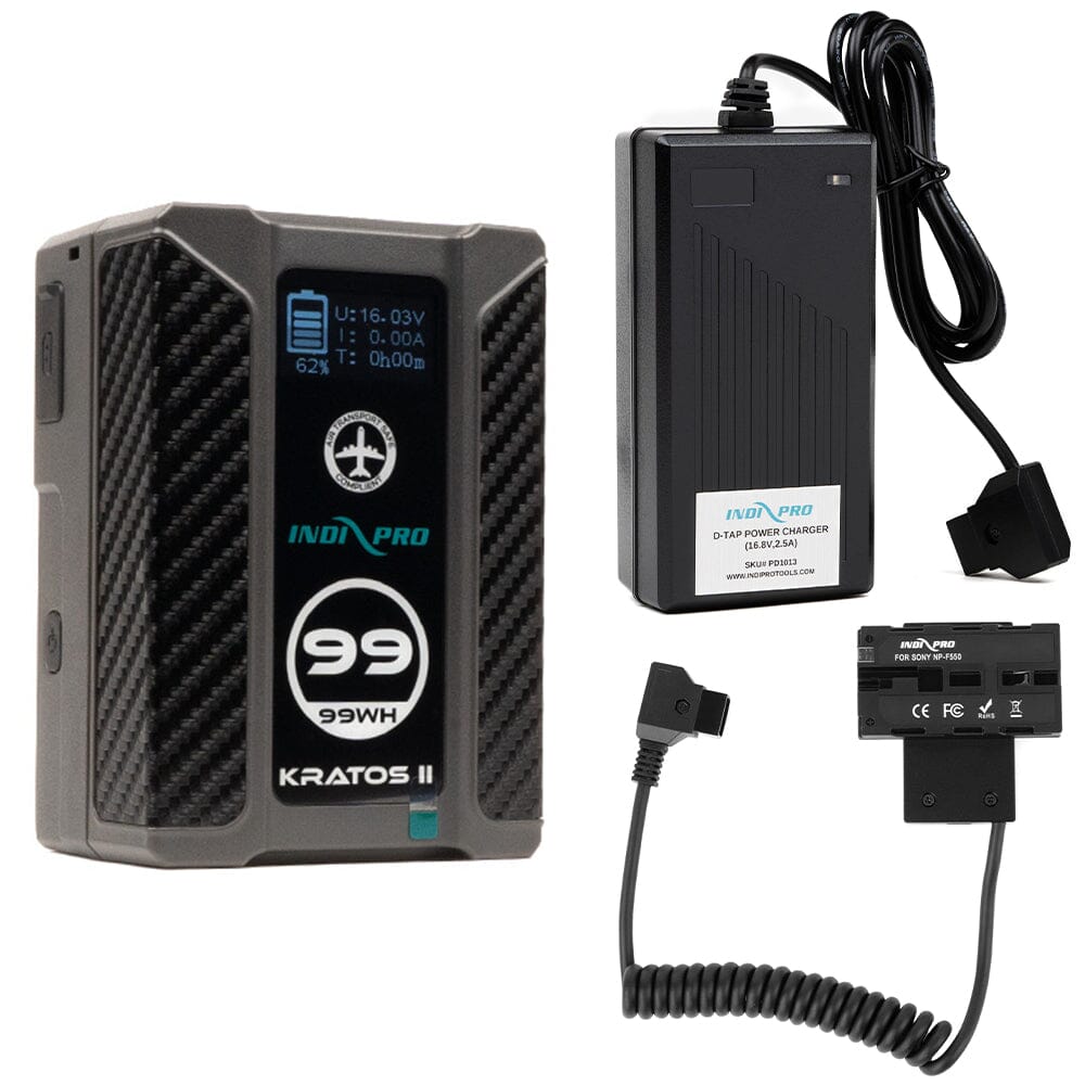 Indipro Kratos 99Wh V-Mount Battery, Charger & D-Tap to Dual-Sided NP-F Battery Bundle