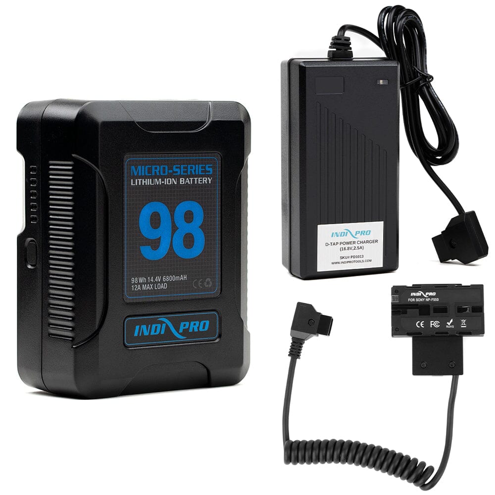 Indipro Micro Series 98Wh V-Mount Battery, Charger & D-Tap to Dual-Sided NP-F Battery Bundle