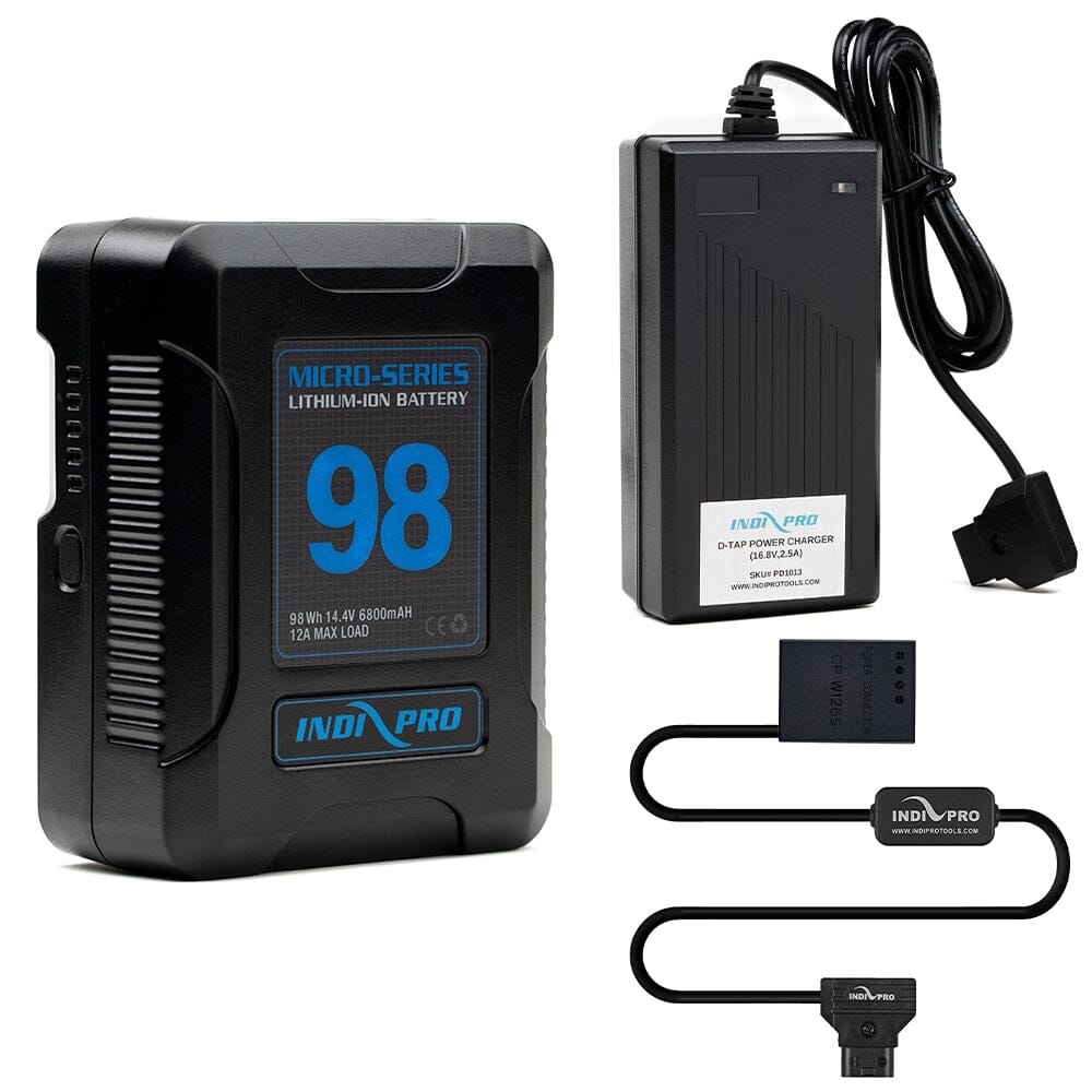 Indipro Micro Series 98Wh V-Mount Battery, Charger & D-Tap to Fujifilm NP-W126S Battery Bundle