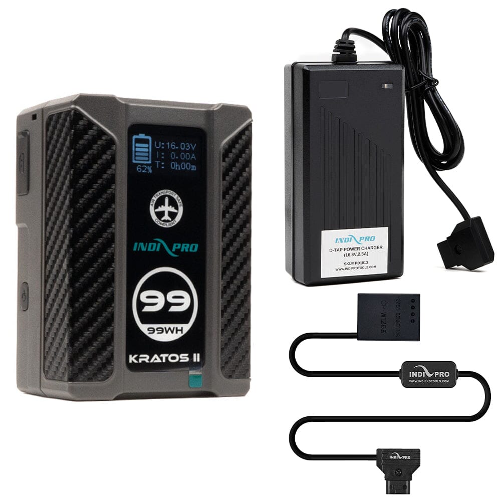 Indipro Kratos 99Wh V-Mount Battery, Charger & D-Tap to Fujifilm NP-W126S Battery Bundle