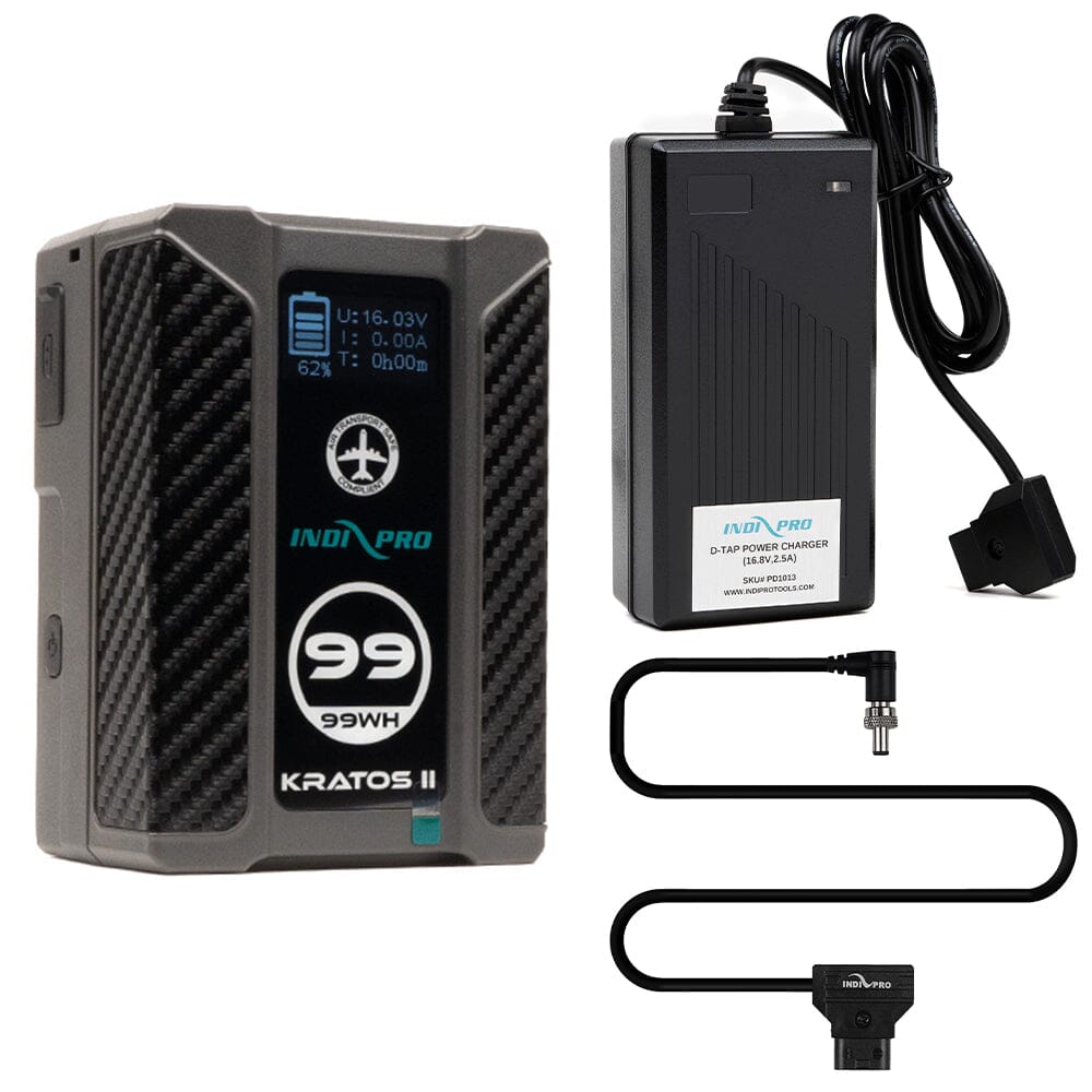 Indipro Kratos 99Wh V-Mount Battery, Charger & D-Tap to Locking 2.1mm Bundle