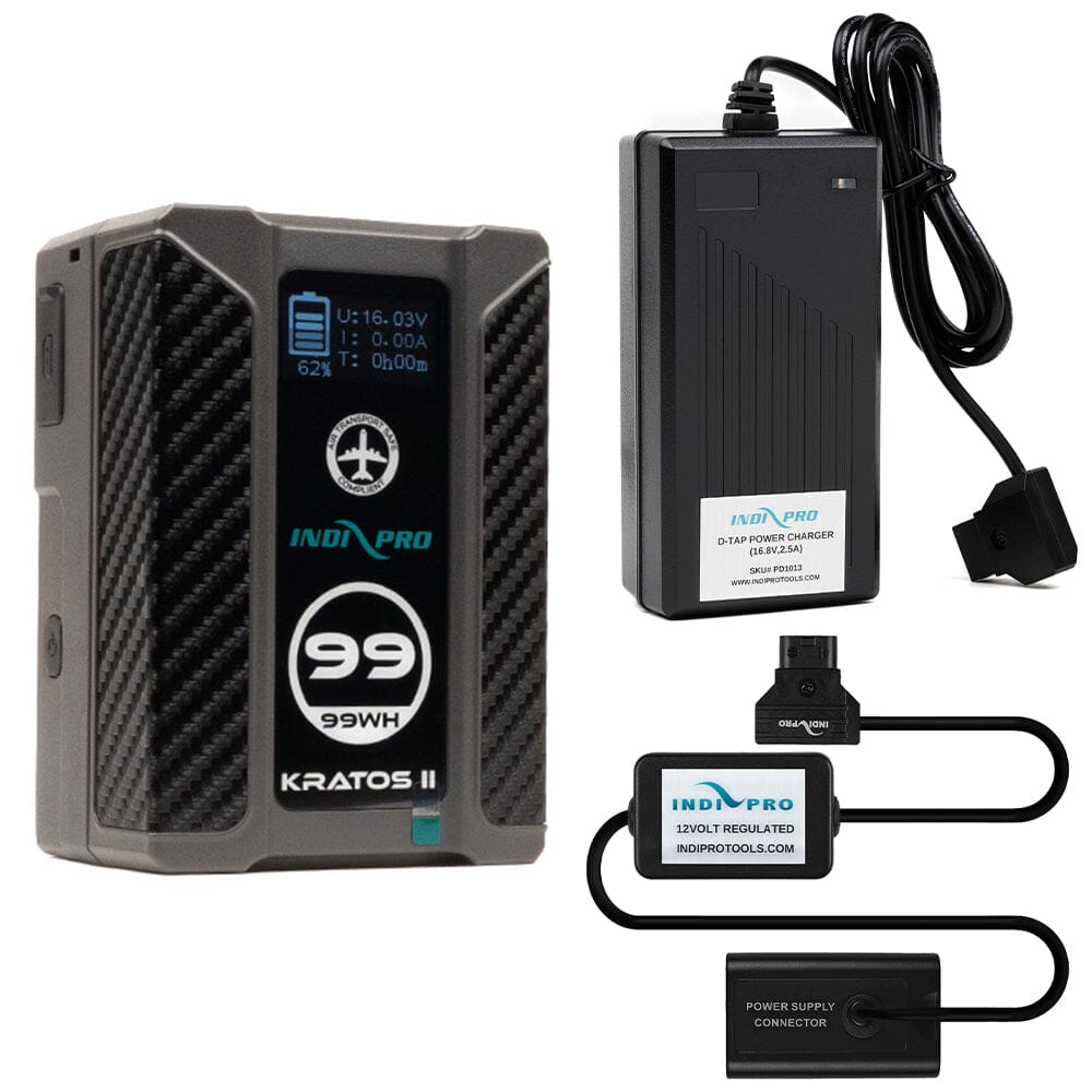 Indipro Kratos 99Wh V-Mount Battery, Charger & D-Tap to Panasonic VW-VBD58 Battery Bundle