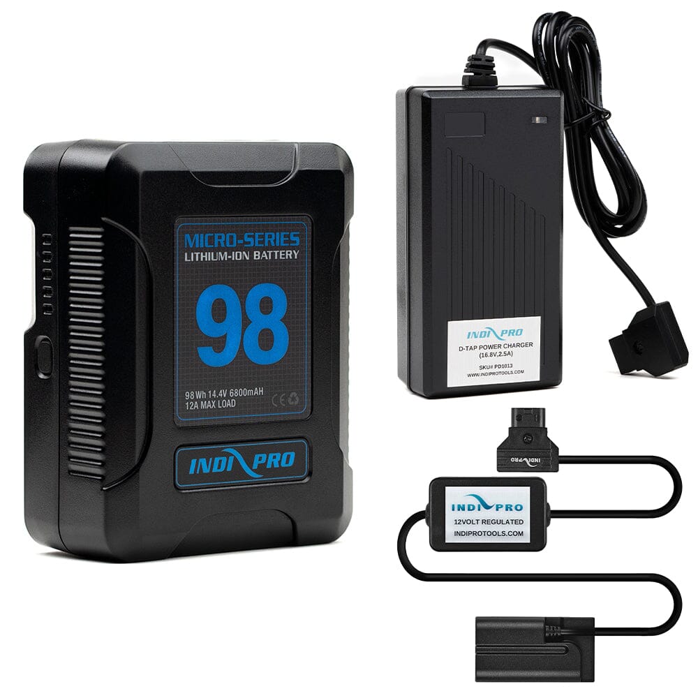 Indipro Micro Series 98Wh V-Mount Battery, Charger & D-Tap to Sony NP-F Battery Bundle