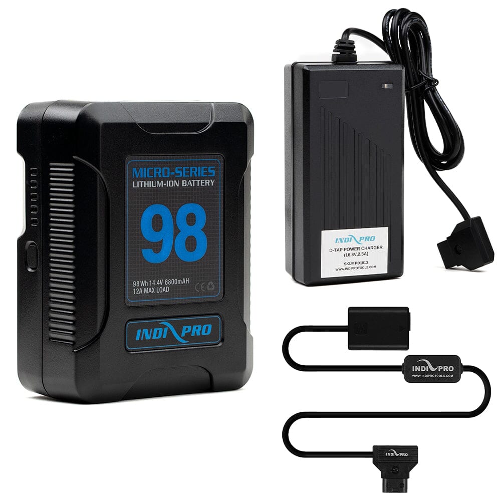 Indipro Micro Series 98Wh V-Mount Battery, Charger & D-Tap to Sony NP-FW50 Battery Bundle