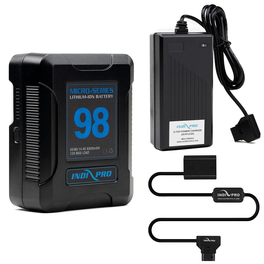 Indipro Micro Series 98Wh V-Mount Battery, Charger & D-Tap to Sony NP-FZ100 Battery Bundle