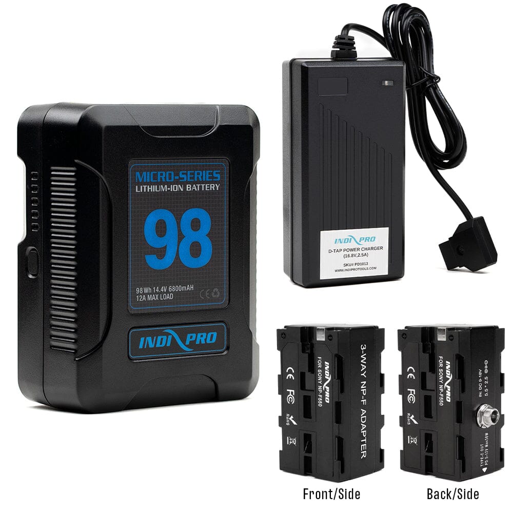 Indipro Micro Series 98Wh V-Mount Battery, Charger & Dual-Sided Sony NP-F Battery Bundle