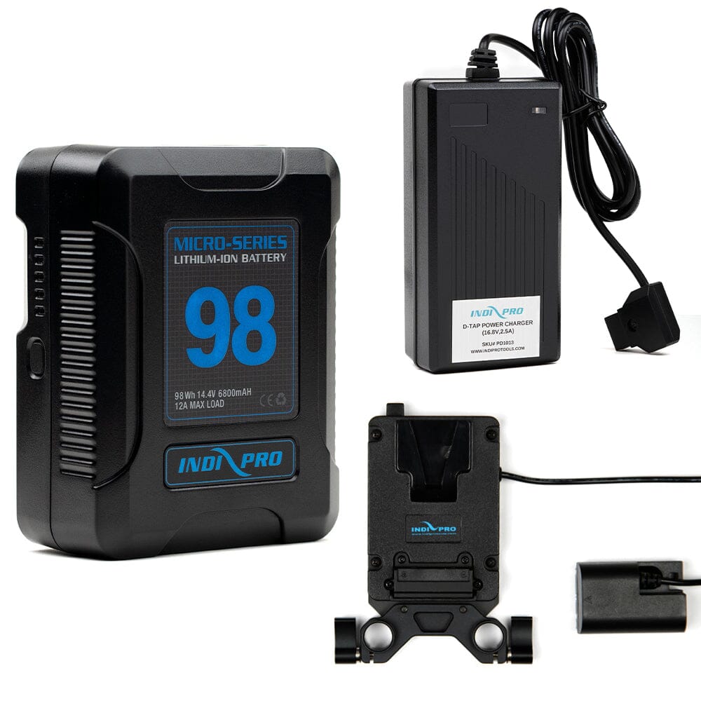 Indipro Micro Series 98Wh V-Mount Battery, Charger & Mini V-Mount Plate to Canon LP-E6 Battery Bundle