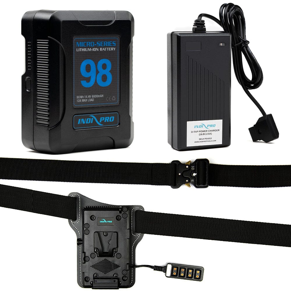 Indipro Micro Series 98Wh V-Mount Battery, Charger & Universal V-Mount Battery Belt Bundle