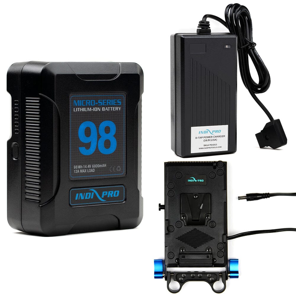 Indipro Micro Series 98Wh V-Mount Battery, Charger & V-Mount Plate for Blackmagic 4K Cinema Camera Bundle