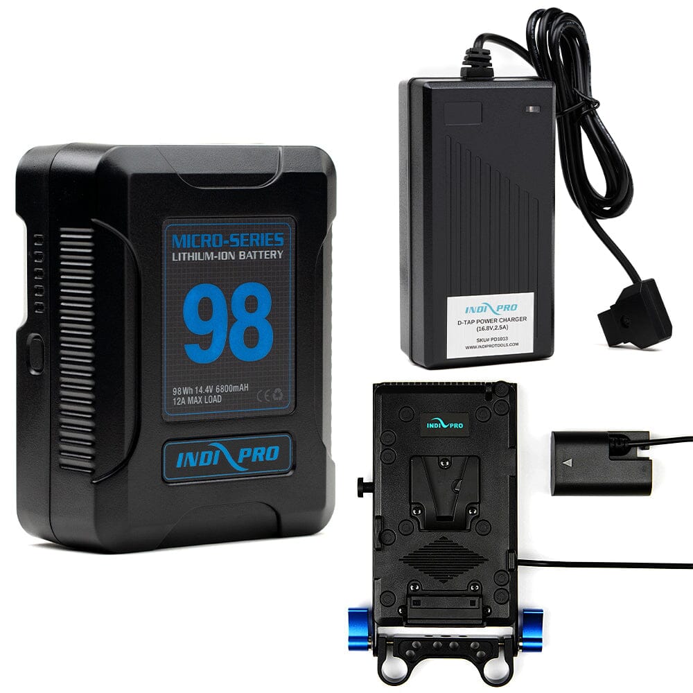 Indipro Micro Series 98Wh V-Mount Battery, Charger & V-Mount Plate to Canon LP-E6 Battery Bundle