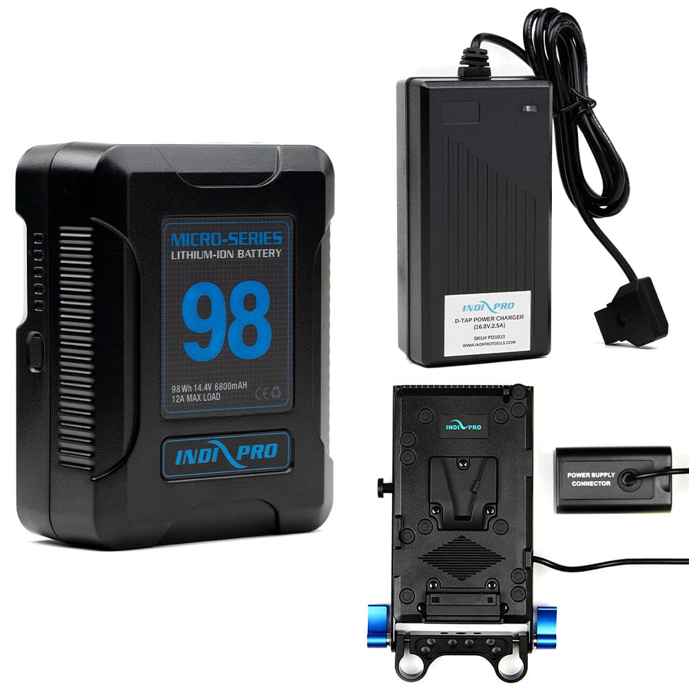 Indipro Micro Series 98Wh V-Mount Battery, Charger & V-Mount Plate to Panasonic VW-VBD58 Battery Bundle