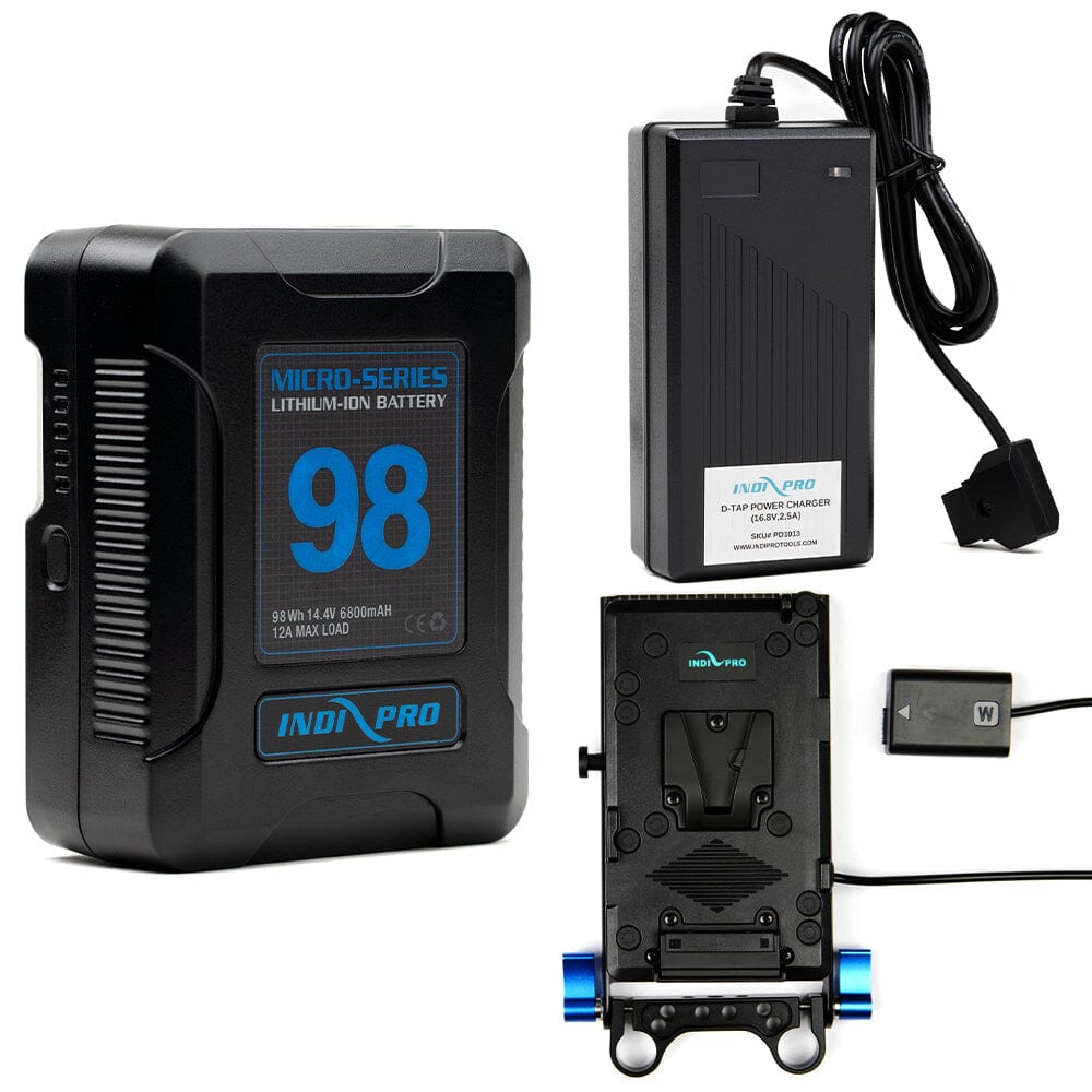 Indipro Micro Series 98Wh V-Mount Battery, Charger & V-Mount Plate to Sony NP-FW50 Battery Bundle
