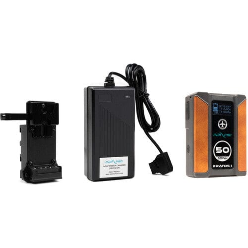 Indipro Slim V-Mount to NP-F Converter, Kratos 50Wh V-Mount Battery & D-Tap Charger Kit
