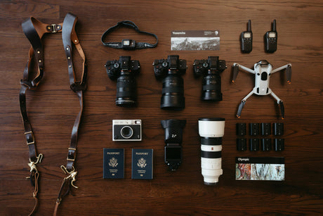 camera gear setup including mirrorless cameras, lenses and accessories used by content creators