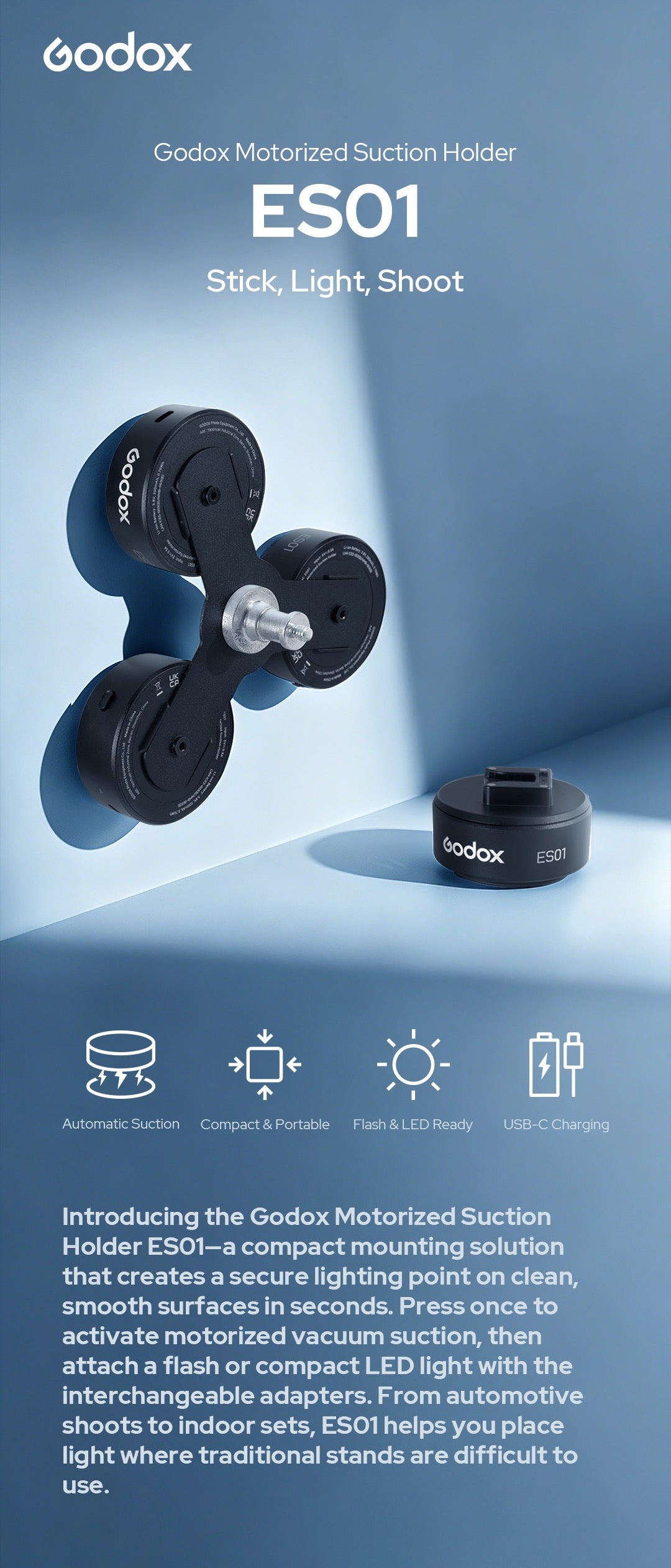 Godox ES01 K3 Motorized Suction Cup Mount Kit (3-Unit) — single and three-unit array