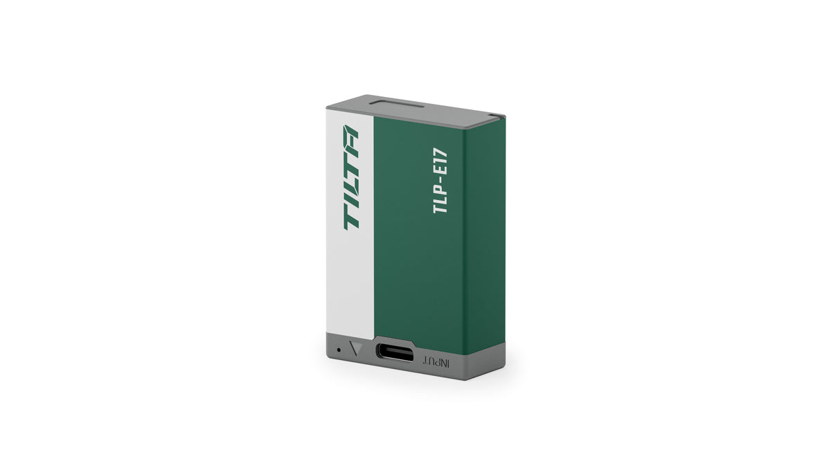 Tilta TLP-E17-FG 950mAh LP-E17 battery in Forest Green, angled view with the USB-C input port