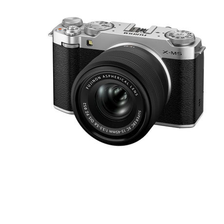 Fujifilm X-M5 Silver with XC15-45mm lens - front angle up