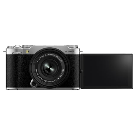 Fujifilm X-M5 Silver with XC15-45mm lens - LCD open