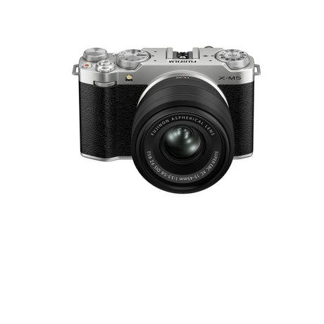 Fujifilm X-M5 Silver with XC15-45mm lens - front diagonal