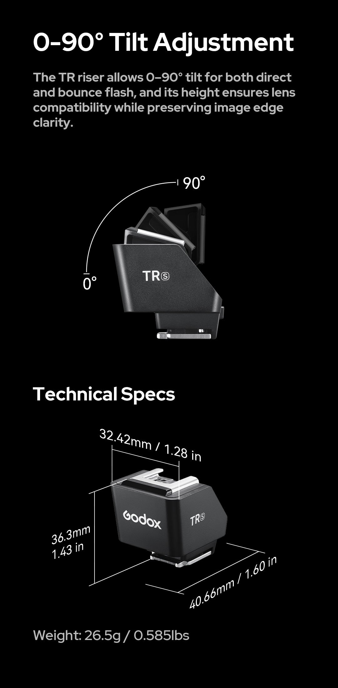 Godox TR riser 0–90° tilt and dimensions