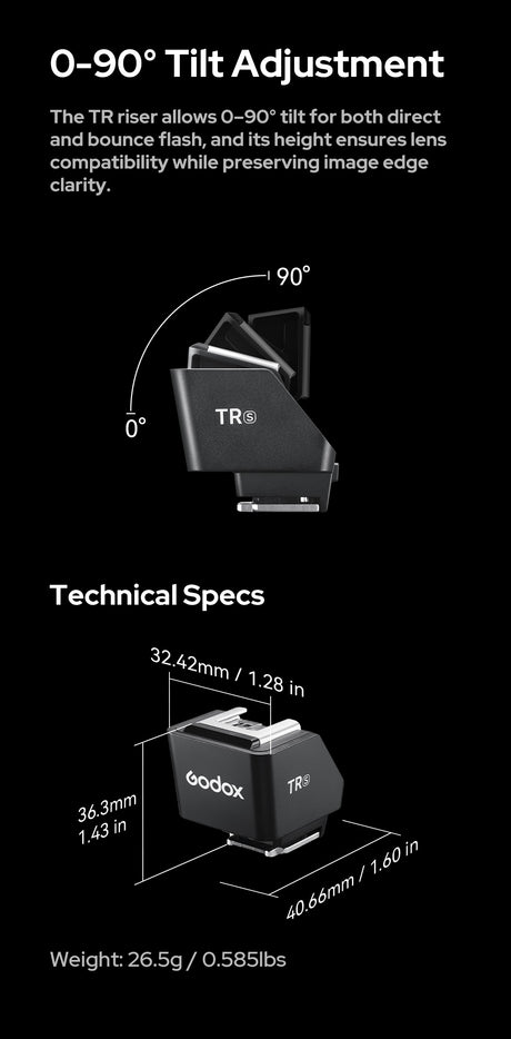Godox TR riser 0–90° tilt and dimensions
