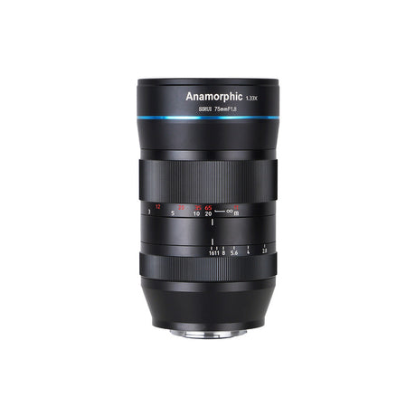 SIRUI 75mm F1.8 1.33X APS-C Anamorphic Lens showcasing sleek design and precise focus settings.