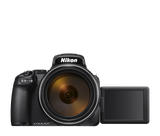 Nikon COOLPIX P1100 front view with LCD screen extended