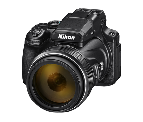 Nikon COOLPIX P1100 digital camera front three-quarter view showing 125x optical zoom NIKKOR lens