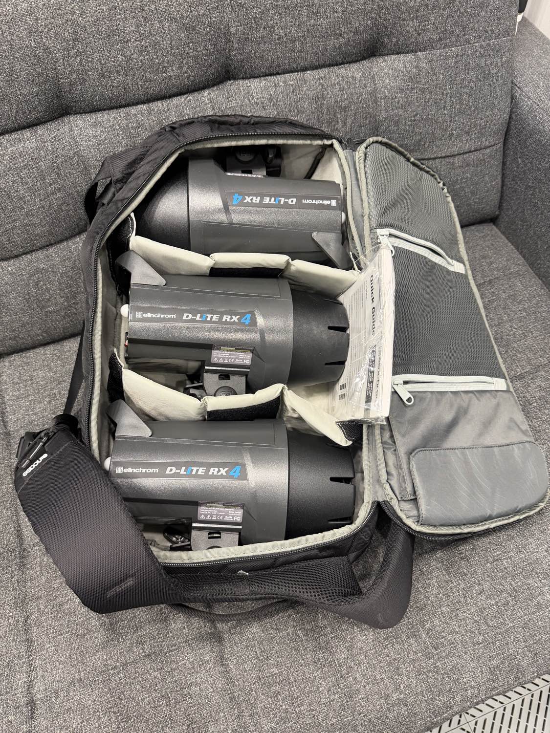 (USED) Elinchrom D-Lite RX 4 400ws AC Powered Studio Flash Set Of 3 Plus Backpack