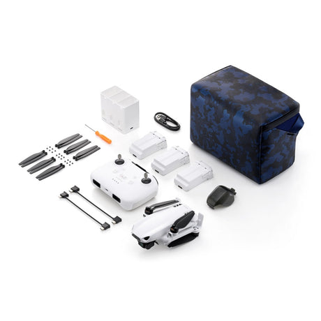 SKYROVER S1 Fly More Combo contents including yellow drone, 3 smart batteries, charging hub, and carrying bag.