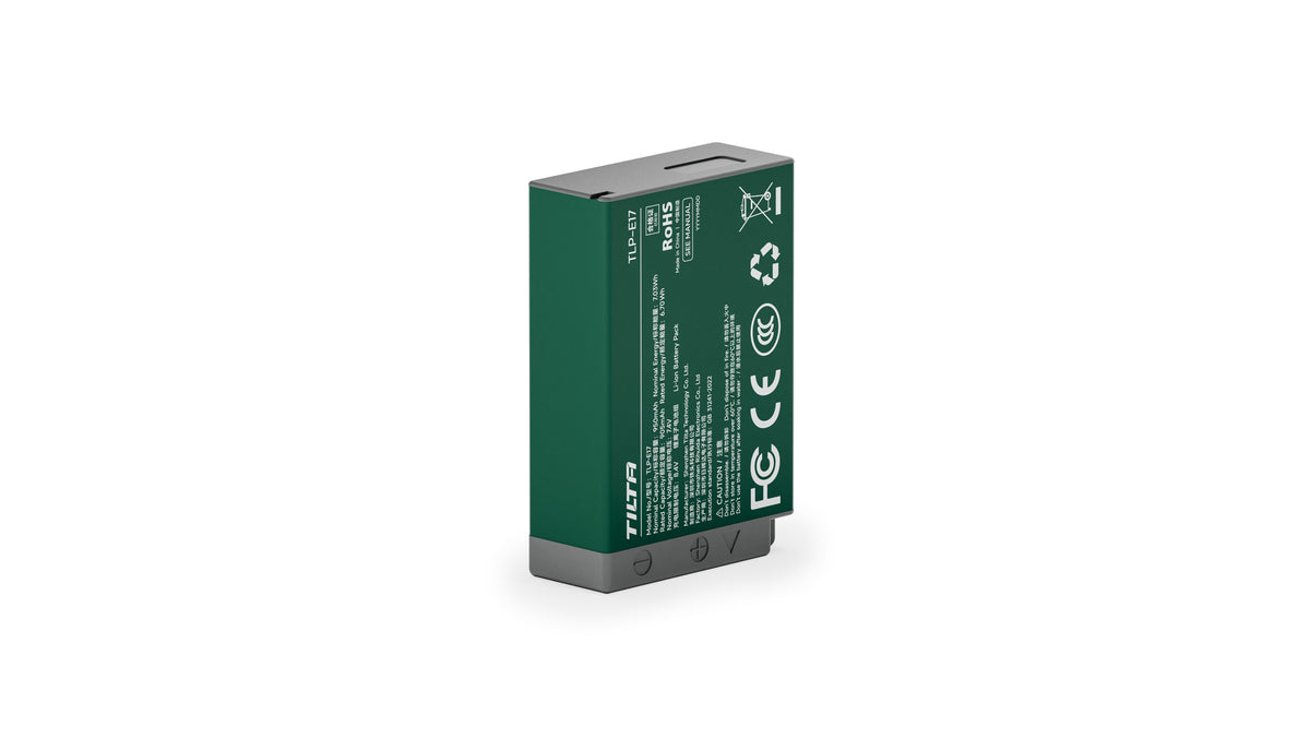 Tilta TLP-E17-FG LP-E17 battery in Forest Green, rear view showing the specification and safety certification label
