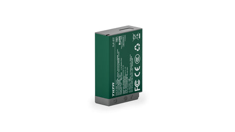 Tilta TLP-E17-FG LP-E17 battery in Forest Green, rear view showing the specification and safety certification label