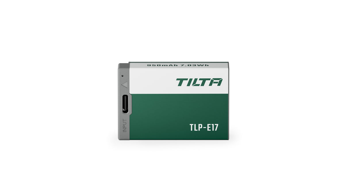 Tilta TLP-E17-FG LP-E17 battery in Forest Green, flat view with the 950mAh 7.03Wh capacity marking