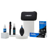 VSGO DKL-20 cleaning kit with case, lens pen, cleaners, air blower, cloths and swabs laid out