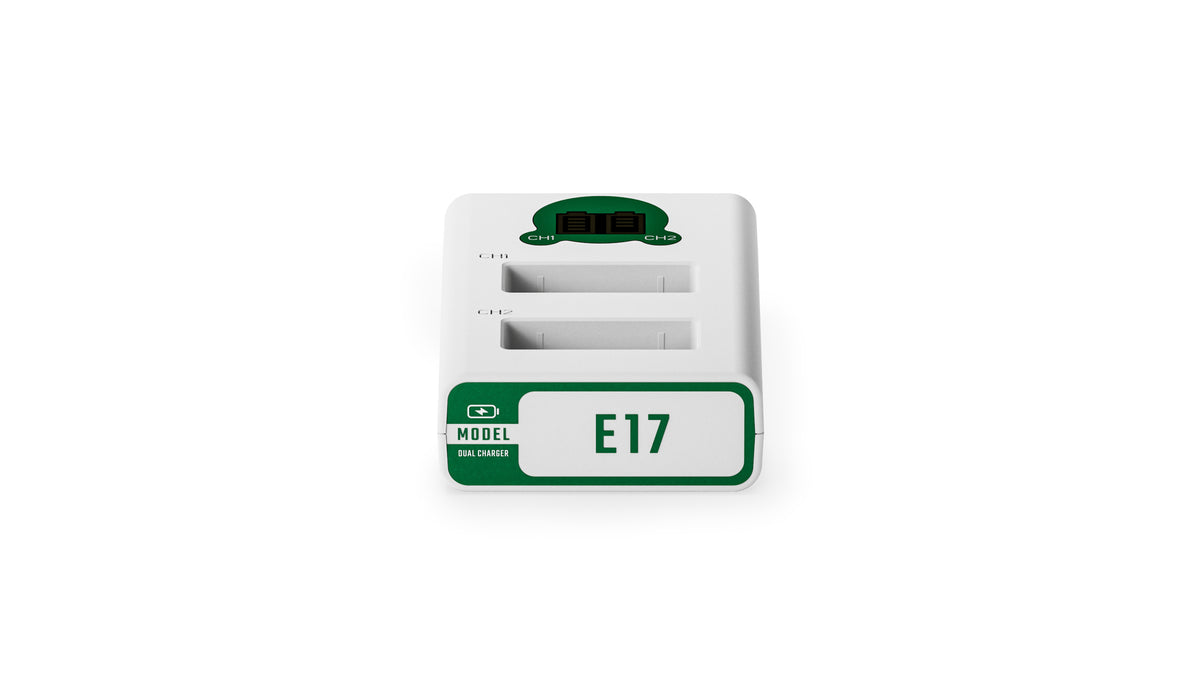 Tilta TBC-E17-FG LP-E17 dual charger in Forest Green, overhead view with the E17 Dual Charger model plate