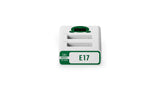 Tilta TBC-E17-FG LP-E17 dual charger in Forest Green, overhead view with the E17 Dual Charger model plate