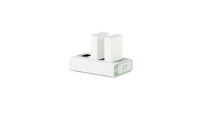 Tilta TBC-E17-AG two-channel LP-E17 battery charger in Ash Green with two LP-E17 batteries seated in both channels