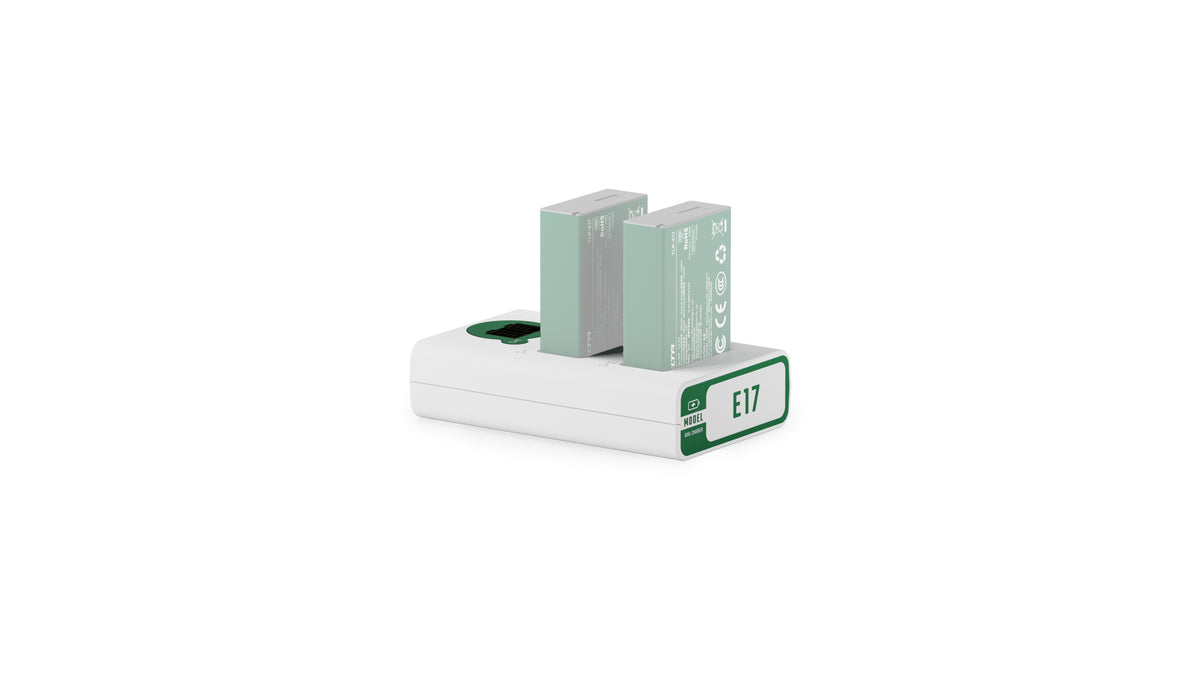 Tilta TBC-E17-FG LP-E17 dual charger in Forest Green with two LP-E17 batteries seated in both channels