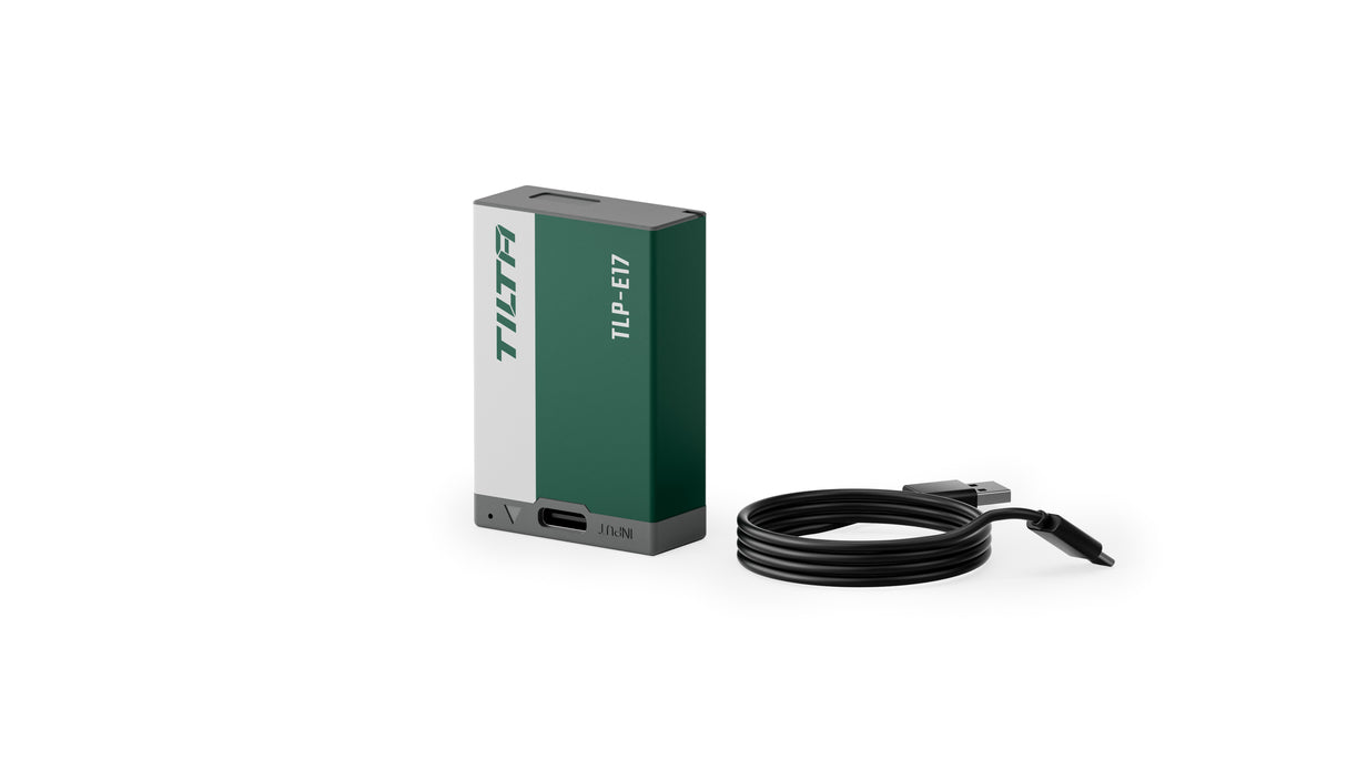 Tilta TLP-E17-FG 950mAh LP-E17 battery in Forest Green with the included USB-A to USB-C charging cable