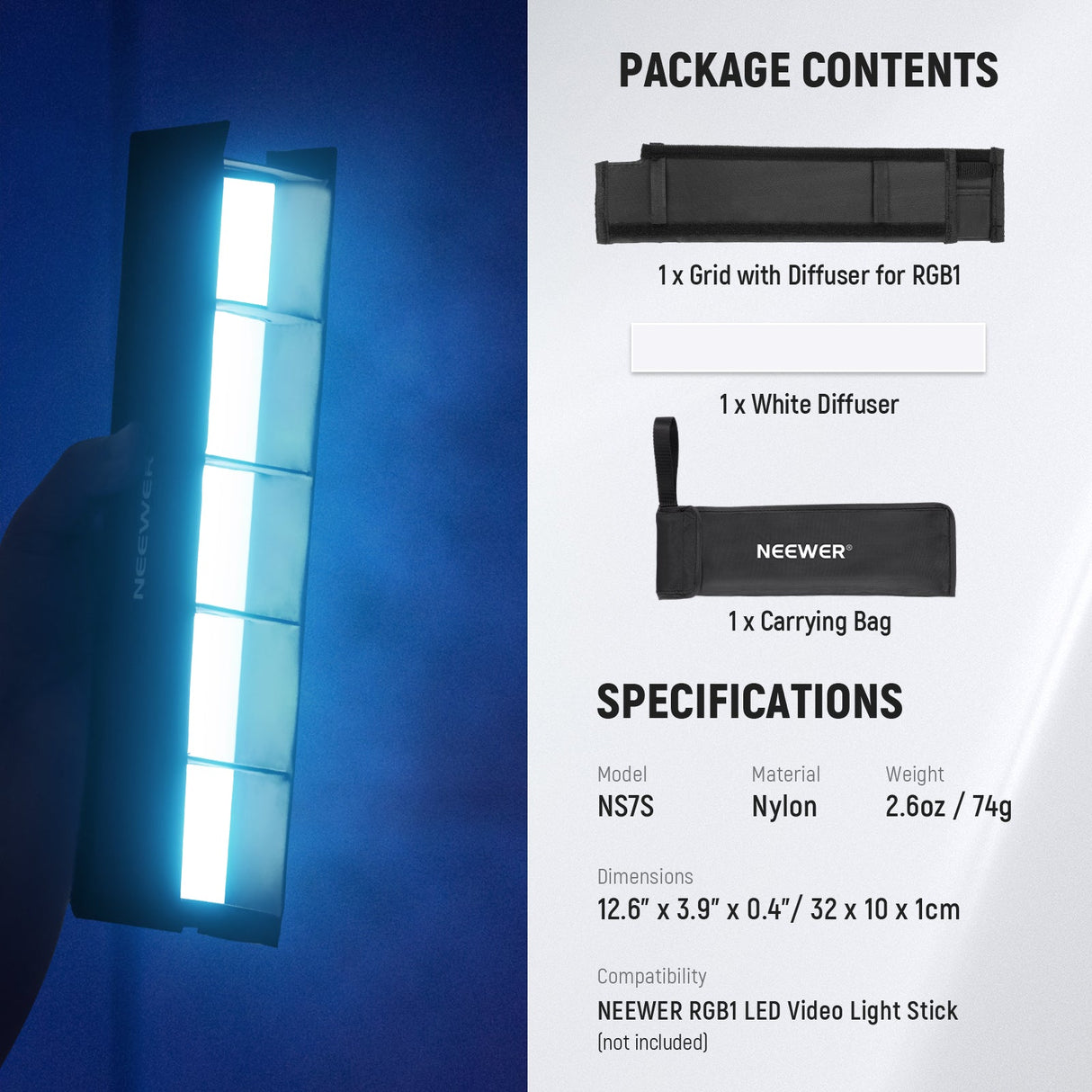 NEEWER NS7S Tube Light Grid Softbox Diffuser for RGB1