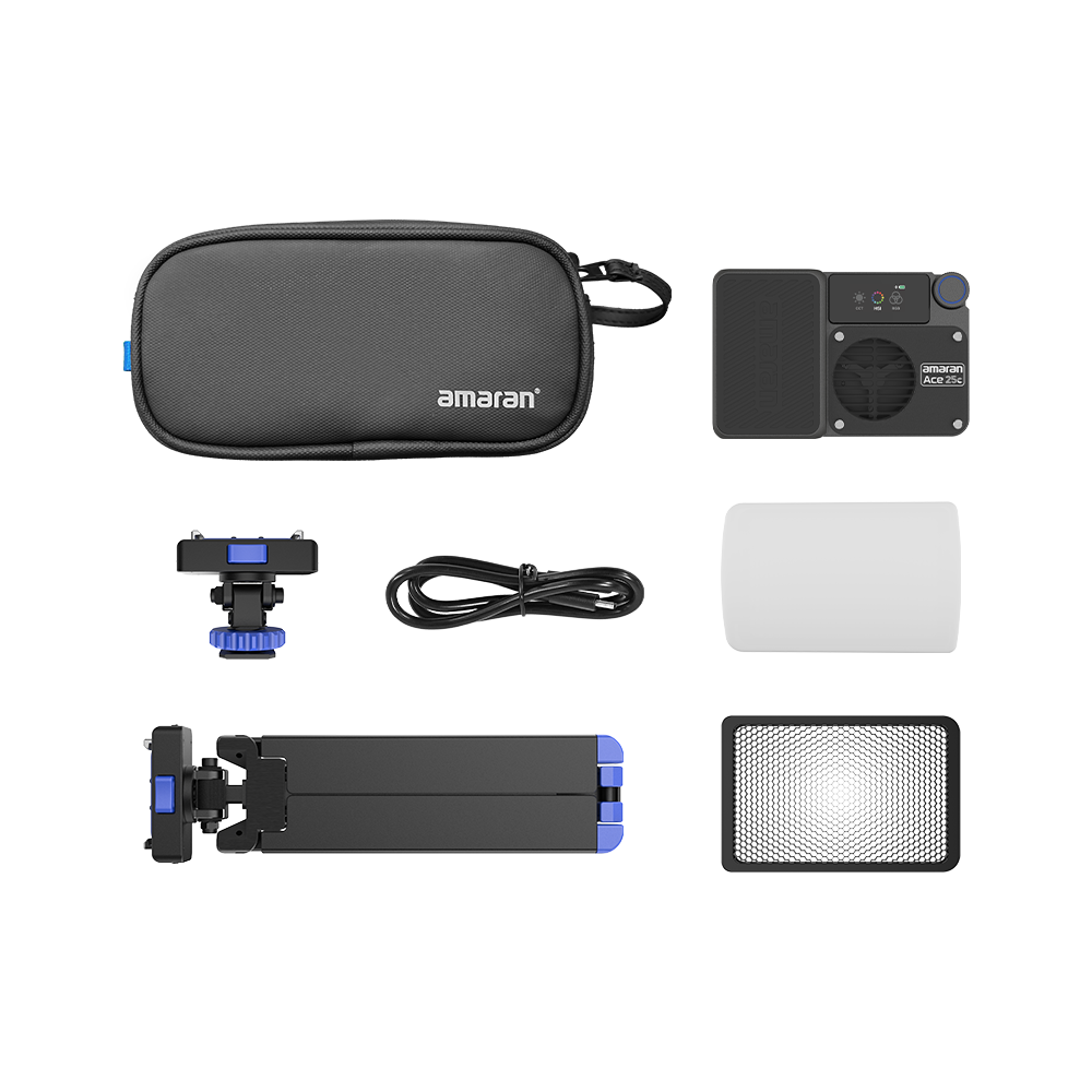 amaran Ace 25c All-in-One Creator Kit (Charcoal) contents: light, carrying bag, Ace Lock mini tripod, 30° grid, dome diffuser, cold-shoe adapter and USB-C cable