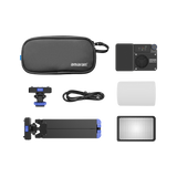 amaran Ace 25c All-in-One Creator Kit (Charcoal) contents: light, carrying bag, Ace Lock mini tripod, 30° grid, dome diffuser, cold-shoe adapter and USB-C cable